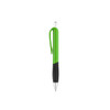 A plastic pen with a green barrel and black grip. The pen features a clip and has a logo.
