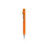 An orange pen with a silver clip, featuring a sleek design and a stylish look.