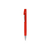 A red pen with a silver clip, featuring a sleek design and a polished finish. It has a logo on the barrel.