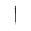 A blue pen with a silver clip and a shiny silver tip, featuring a simple design and branding detail.