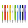 A selection of ten pens in green, red, yellow, orange, white, blue, black, and purple, featuring silver clips.