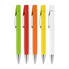 A collection of five pens in green, red, orange, yellow, and white, each with a silver clip and tip.