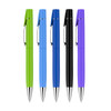 A set of five pens in green, blue, light blue, black, and purple, featuring a logo on each.