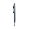 A black pen with a spray finish and a clip, featuring a silver metal tip. The pen has a sleek design and logo.