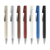 A selection of eight pens in gold, silver, bronze, white, red, blue, and black, featuring a logo.