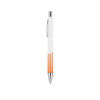A plastic pen with a creamy white barrel and three orange stripes near the base, featuring a silver clip and tip.