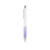 A creamy white pen with purple accents and a shiny silver clip, featuring a logo on the barrel.