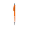 A plastic pen with a vibrant orange barrel and a silver tip, featuring a clip and a logo.