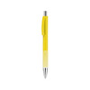 A yellow plastic pen with a sleek design and silver tip, featuring a clip and three white stripes on the barrel.