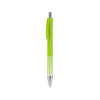 A green plastic pen with a contrasting grip and chrome accents. The pen features a logo.