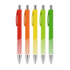 A set of five plastic pens featuring colourful barrels in red, orange, yellow, and green, with silver tips and clips.