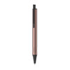 A rose gold pen with a sleek design and black tip. The pen features a clip and a textured grip.