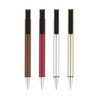 A collection of four pens in brown, red, silver, and gold, each featuring a sleek design and a logo.