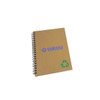 A brown spiral-bound notebook featuring a logo and a recycling symbol. The cover has a textured finish.
