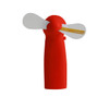 A red handheld fan with white blades and a yellow accent, featuring a logo on its body.