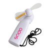 A white handheld fan with a cord, featuring a logo and LED lights on the blades.