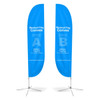 Two medium convex feather banners in bright blue, displayed on stands, with a logo on each banner.