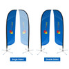 Two blue convex feather banners with a black base, one single-sided and one double-sided, both featuring a logo.