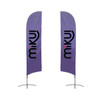 Two angled feather banners in purple, featuring a logo at the base. Each banner measures 70.4 x 300 cm.