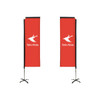 Two tall rectangular banners are displayed on black bases with a red background and a logo.