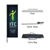 A rectangular banner with a black border, featuring a logo, pole, spike base, and a carry bag.