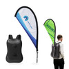 A black teardrop backpack flag with a curved design, featuring a logo and a vibrant green side panel.