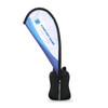 A teardrop backpack flag with a black body and a white and blue flag attached, featuring a logo.