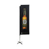A tall rectangular banner featuring a bottle of beer on a black background, with a stand for display.