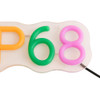 A neon LED sign featuring IP68 in orange, green, and pink colours with a black wire and a logo.