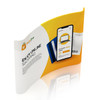 Curved tension fabric display wall in yellow and white, featuring a digital shopping theme and a logo.