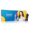 A curved tension fabric display wall featuring bold blue and yellow colours, with an image of a woman holding a smartphone.