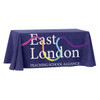 A navy blue 4-sided throw tablecloth with a logo and colourful design, suitable for a 6ft table.