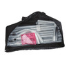 A black carrying bag containing grey metal poles and pink accessories for a tension fabric display wall.