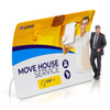 A U-shaped tension fabric display wall with a bright design featuring a man and space for a logo.