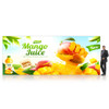 A vibrant promotional display featuring mango juice, with splashes of juice and mango pieces, alongside a branding logo.