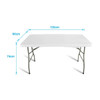 A white foldable table with dimensions of 120cm x 60cm x 74cm, featuring a metal frame.