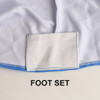 A close-up of a white and blue foot set featuring a smooth fabric texture. The product has a brand logo visible.