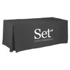 A black 4-side pleated tablecloth suitable for a 6ft table, featuring a logo.