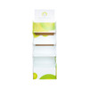 A white cardboard floor display with green circular designs and multiple shelves for product placement.