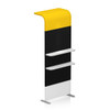 A tall display stand featuring a yellow top, black middle, and white base, with three white shelves.