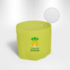 A round fitted table cover in bright green, featuring a logo and a textured detail highlighted.