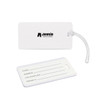 A white luggage tag featuring a clear loop attachment, with spaces for personal information and a logo on one side.