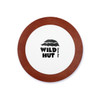 A round coaster with a white centre and a brown rim, featuring the logo of "Wild Hut Resto Bar."