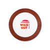 A round coaster with a white top and a brown, wooden edge, featuring a logo in pink and red.