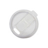 A coffee cup lid, clear and designed to fit a reusable coffee cup, featuring a sliding opening for sipping.