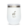 A reusable white coffee cup with a stainless steel lid and a logo on the front.