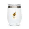 A reusable coffee cup featuring a sleek white design with a stainless steel lid and a logo that reads "Cocoa Bliss."