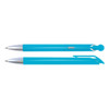 A plastic pen in a vibrant turquoise color with a silver clip and accents, featuring a sleek, streamlined design.