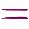 A purple plastic pen with a smooth finish and a clip on the side, featuring a logo.