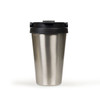 A drink bottle with a stainless steel body and a black lid, featuring a logo on the front.